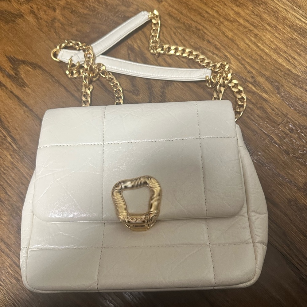 Songmont White and Gold Shoulder Bag with Quilted Texture and Gold Chain Strap
